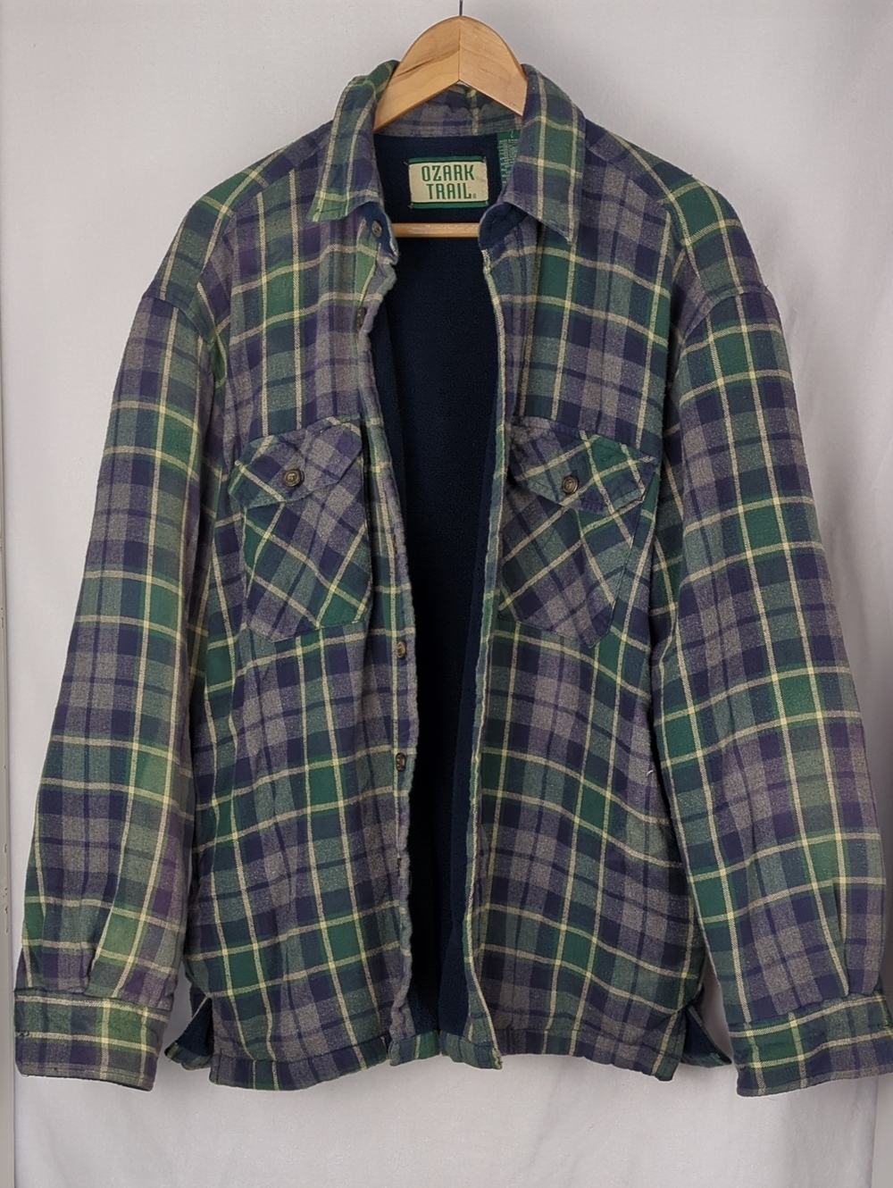VINTAGE Ozark Trail Green Navy Plaid Flannel Fleece Shirt Jacket